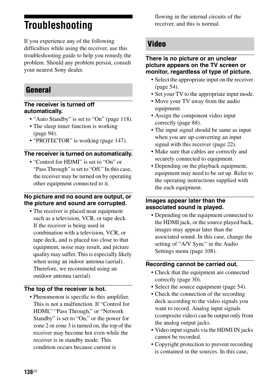 Troubleshooting, General video | Sony STR-DA5700ES User Manual | Page 138 / 155