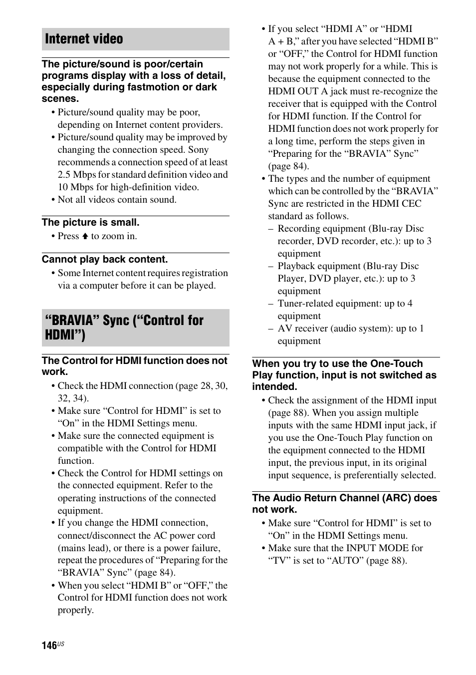 Internet video “bravia” sync (“control for hdmi”) | Sony STR-DA5700ES User Manual | Page 146 / 155