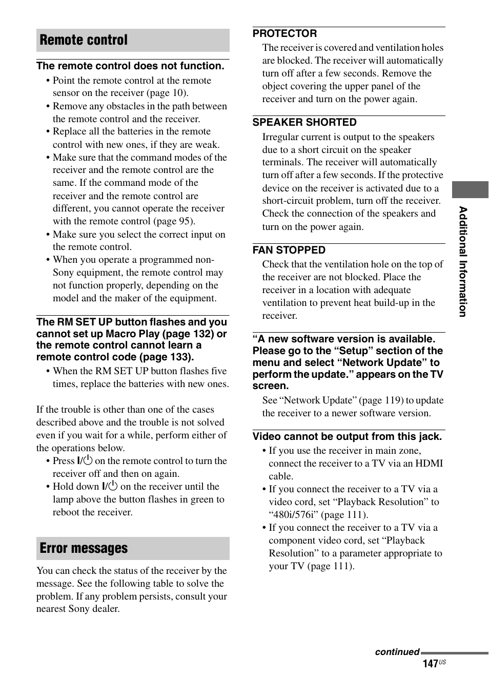 Remote control error messages | Sony STR-DA5700ES User Manual | Page 147 / 155