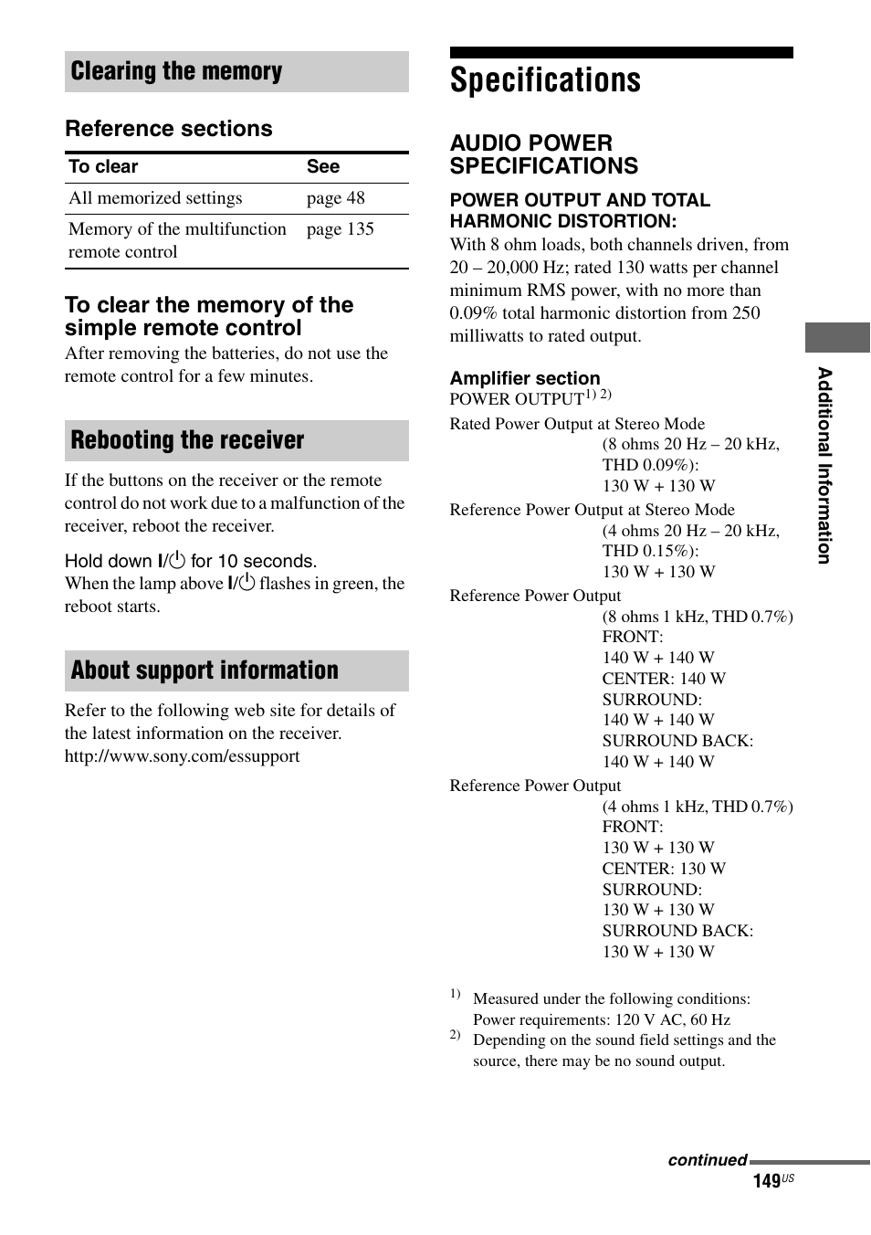 Specifications, Rebooting the receiver about support information, Audio power specifications | Sony STR-DA5700ES User Manual | Page 149 / 155