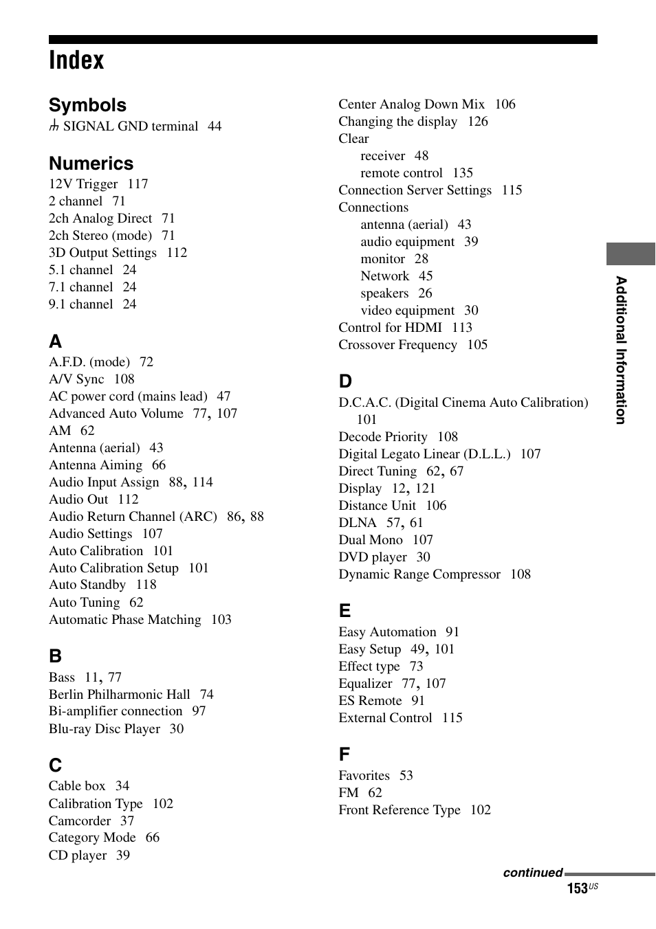 Index, Symbols, Numerics | Sony STR-DA5700ES User Manual | Page 153 / 155