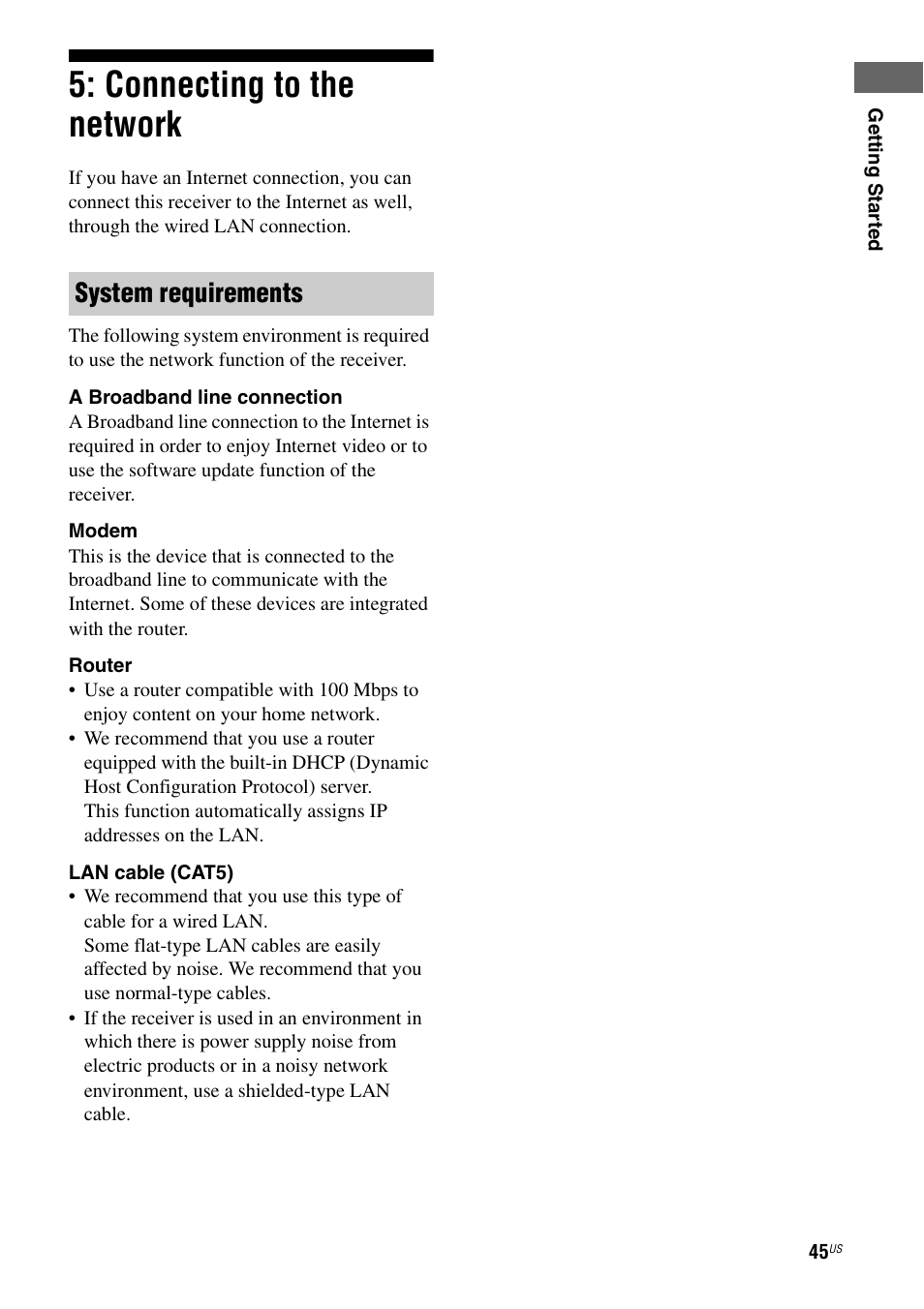 Connecting to the network, System requirements | Sony STR-DA5700ES User Manual | Page 45 / 155