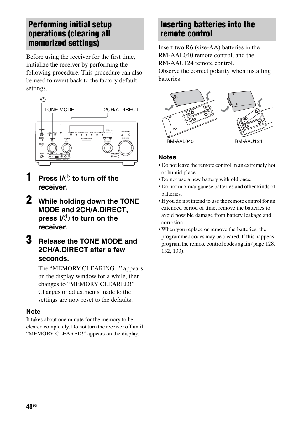 Inserting batteries into the remote control | Sony STR-DA5700ES User Manual | Page 48 / 155