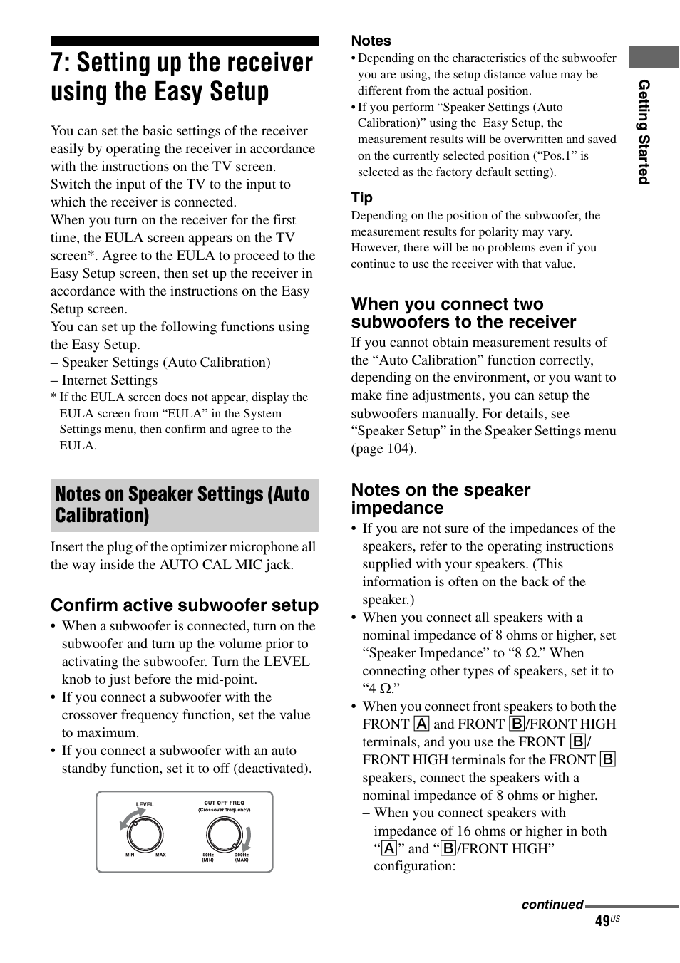 Setting up the receiver using the easy setup, Setting up the receiver using the easy, Setup | Confirm active subwoofer setup, When you connect two subwoofers to the receiver | Sony STR-DA5700ES User Manual | Page 49 / 155