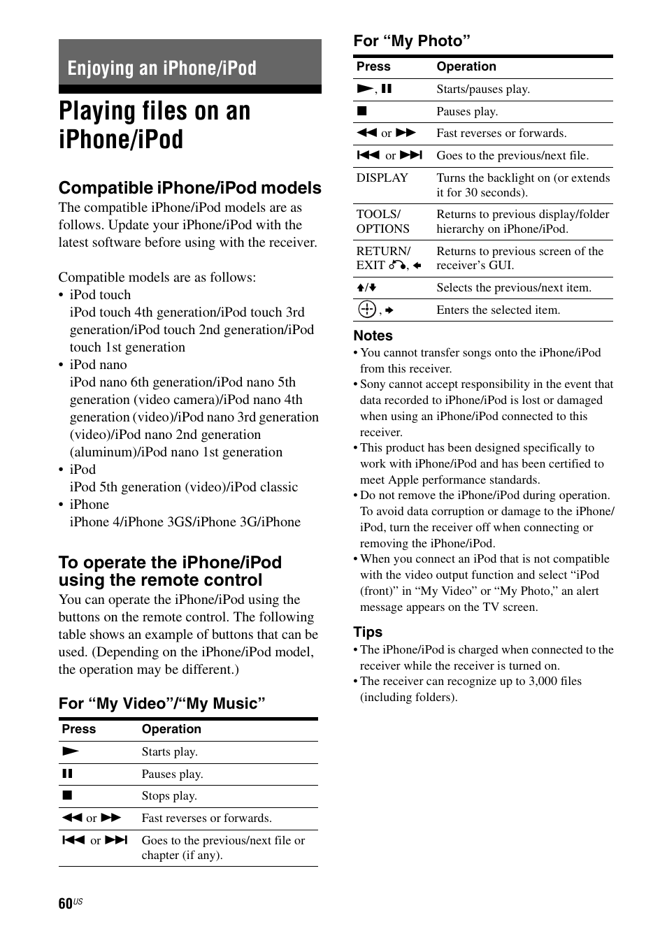 Enjoying an iphone/ipod, Playing files on an iphone/ipod, Compatible iphone/ipod models | For “my video”/“my music” for “my photo | Sony STR-DA5700ES User Manual | Page 60 / 155
