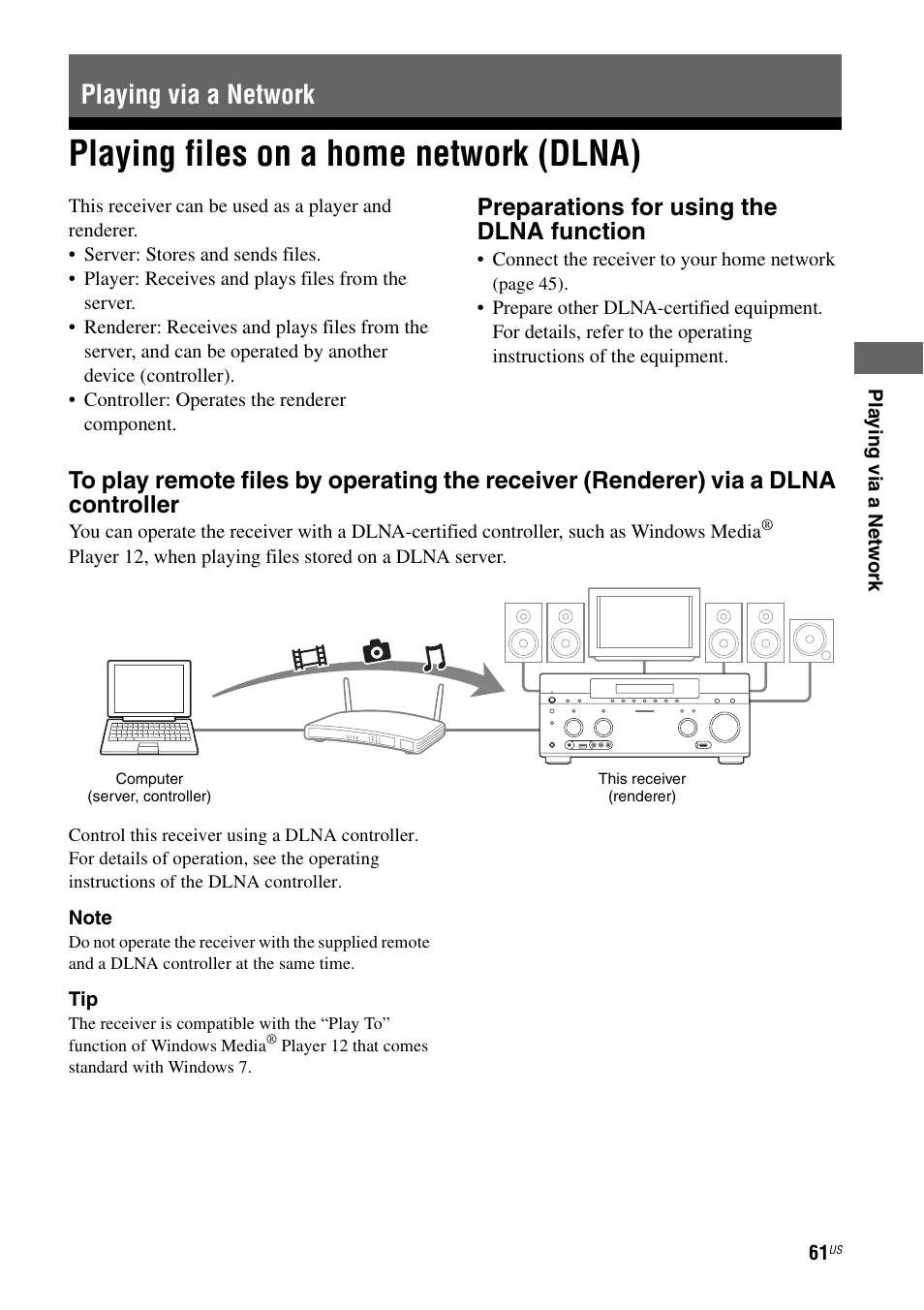 Playing via a network, Playing files on a home network (dlna), Playing files on a home network | Dlna), Preparations for using the dlna function | Sony STR-DA5700ES User Manual | Page 61 / 155