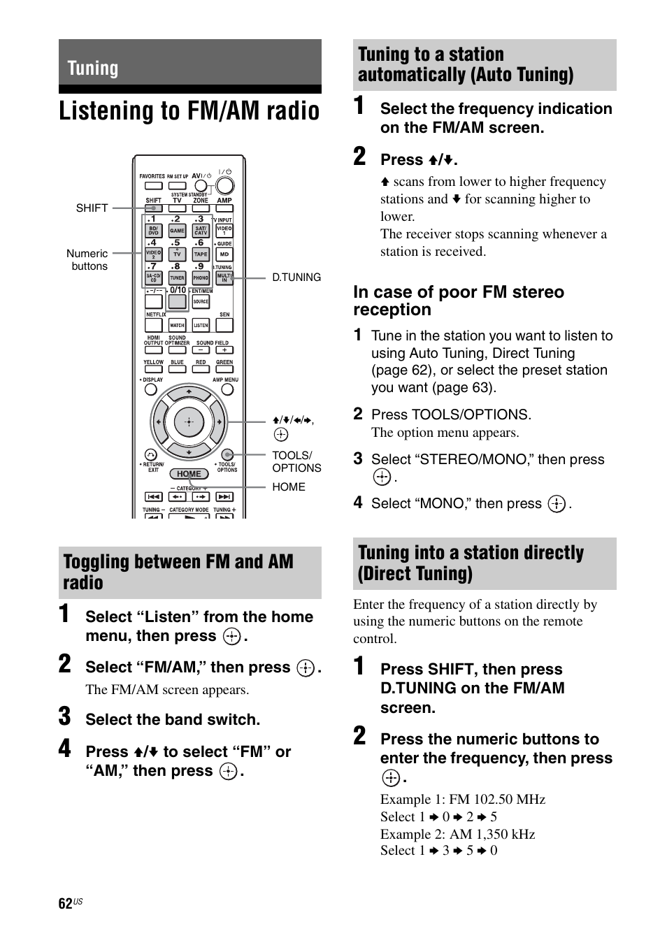 Tuning, Listening to fm/am radio, Listening to fm/am radio 1 | Tuning toggling between fm and am radio | Sony STR-DA5700ES User Manual | Page 62 / 155