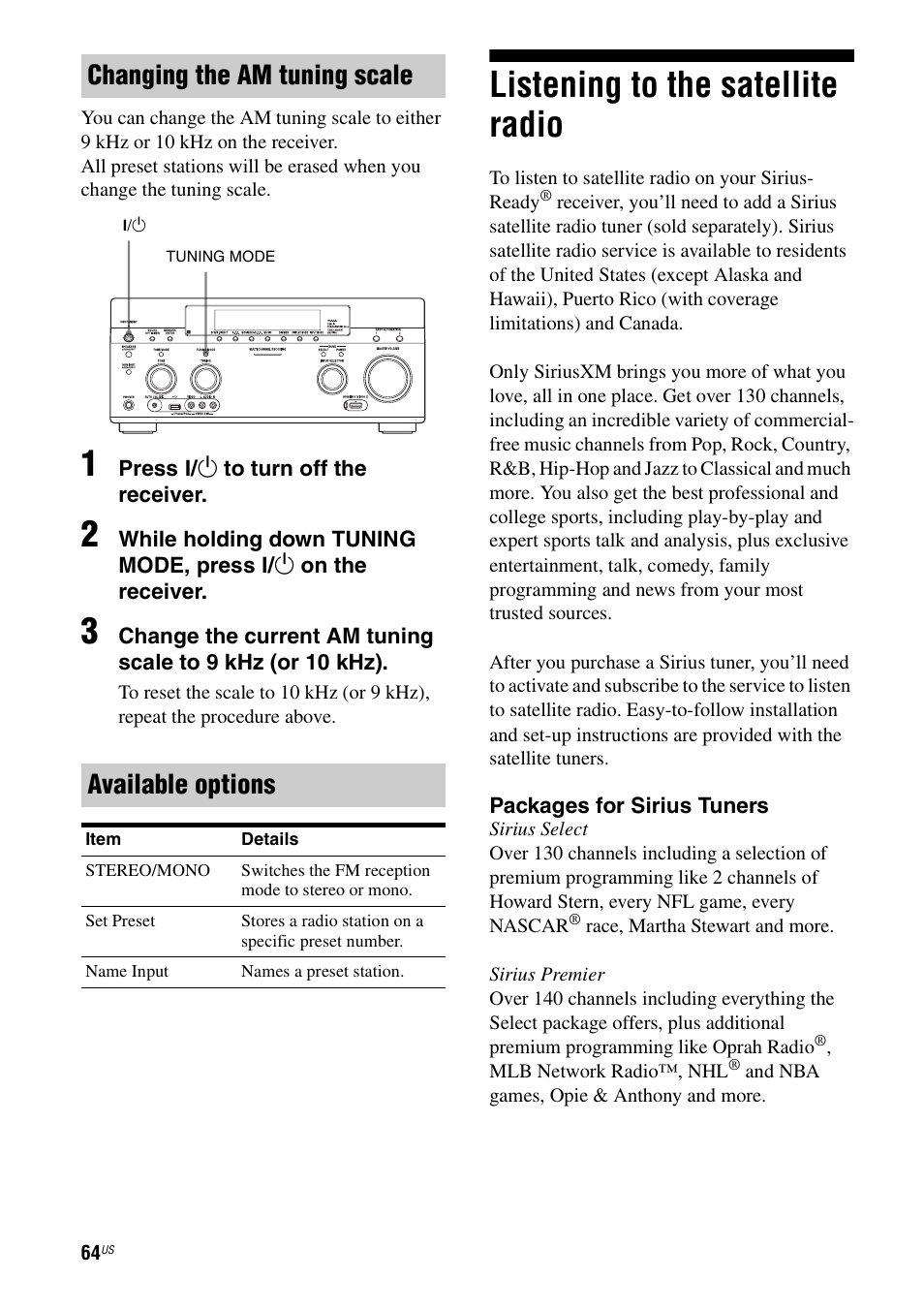 Listening to the satellite radio, Changing the am tuning scale available options | Sony STR-DA5700ES User Manual | Page 64 / 155