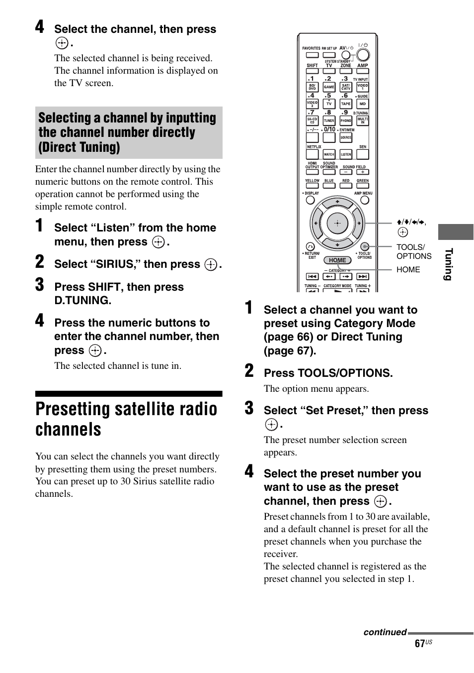 Presetting satellite radio channels | Sony STR-DA5700ES User Manual | Page 67 / 155