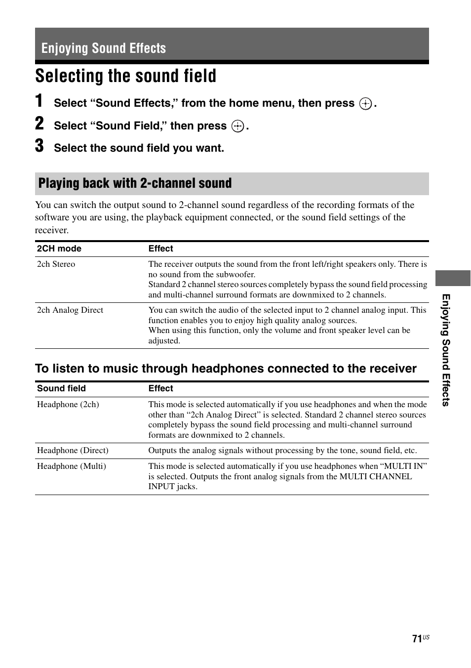 Enjoying sound effects, Selecting the sound field, Selecting the sound field 1 | Sony STR-DA5700ES User Manual | Page 71 / 155