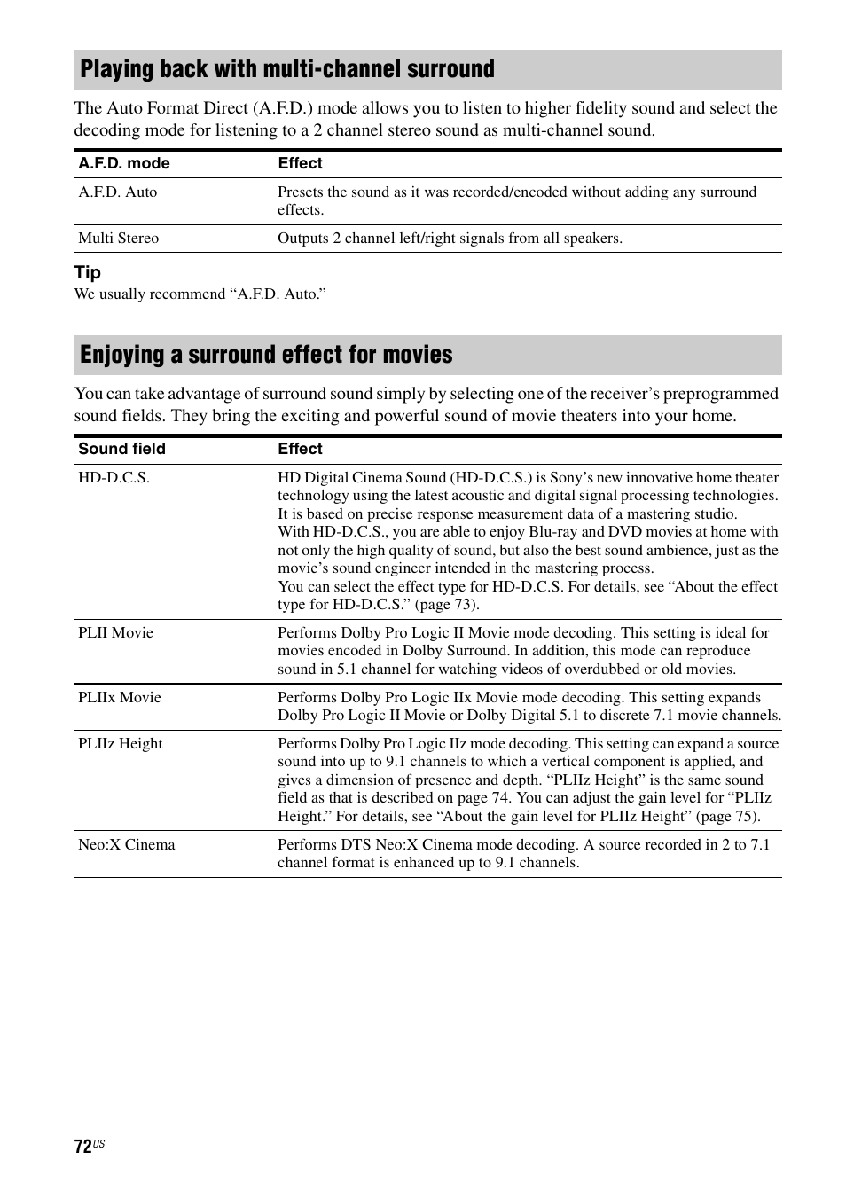 Playing back with multi-channel surround, Enjoying a surround effect for movies | Sony STR-DA5700ES User Manual | Page 72 / 155