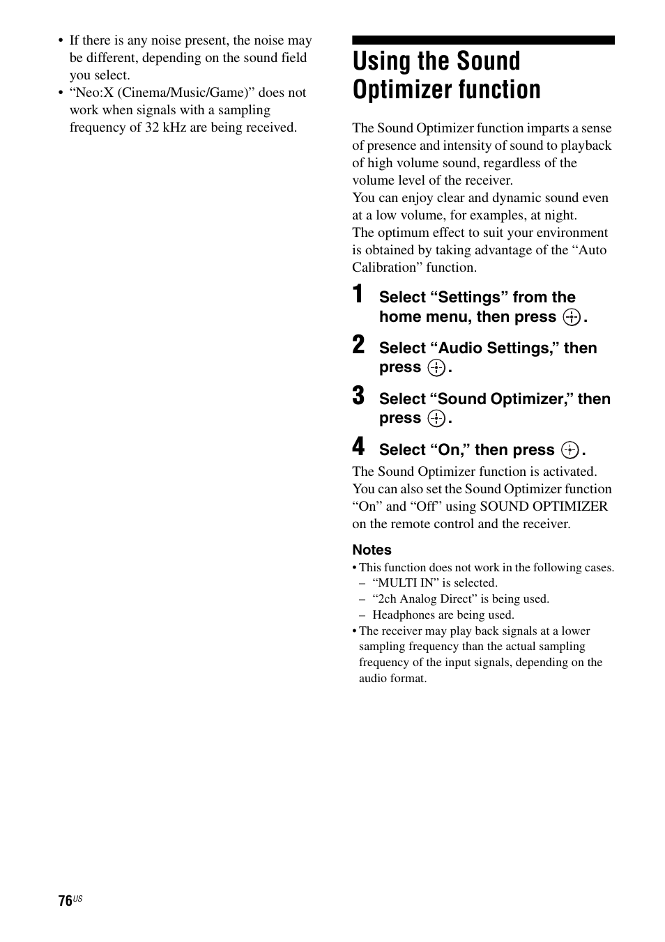 Using the sound optimizer function | Sony STR-DA5700ES User Manual | Page 76 / 155