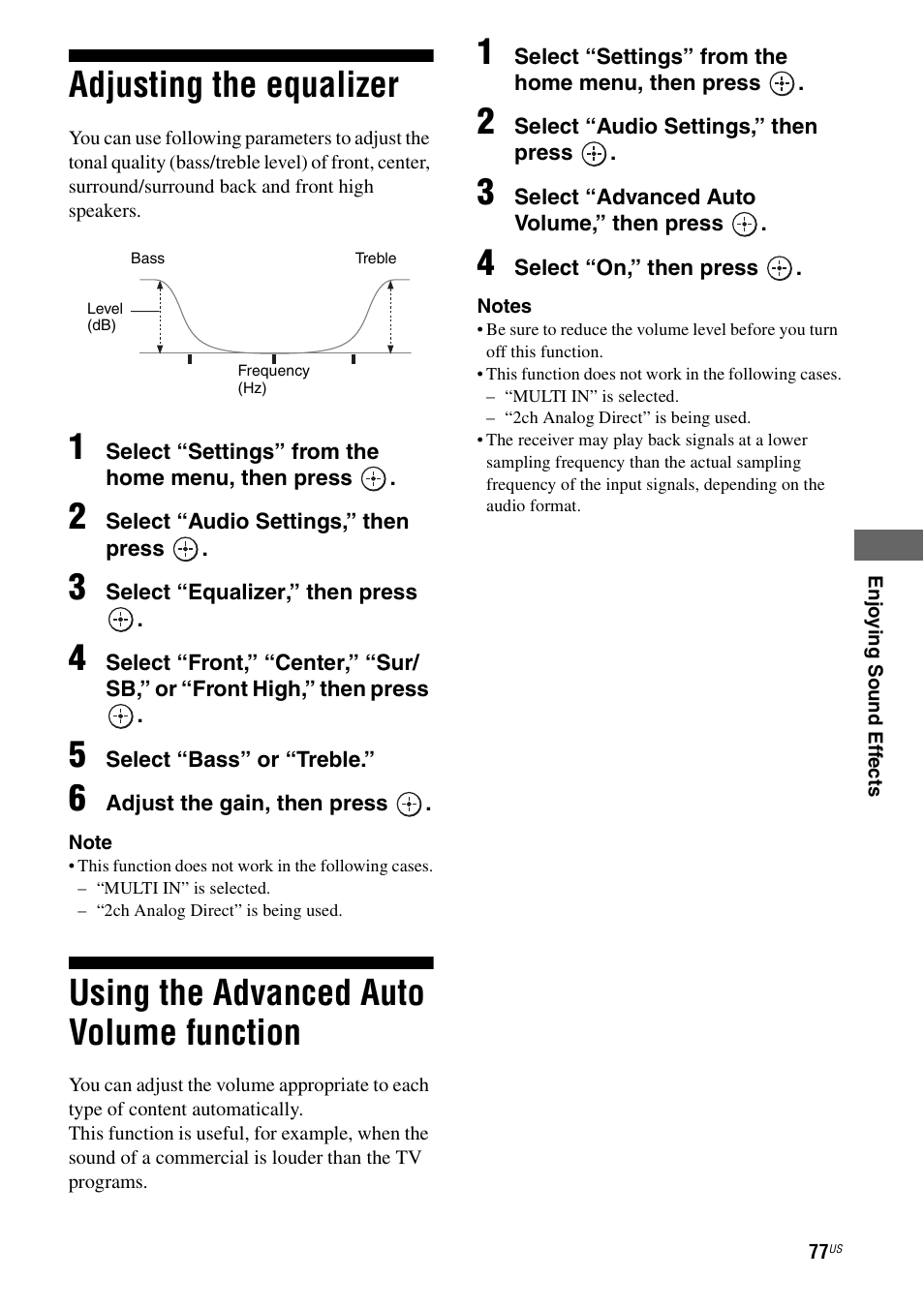 Adjusting the equalizer, Using the advanced auto volume function, Function | Sony STR-DA5700ES User Manual | Page 77 / 155