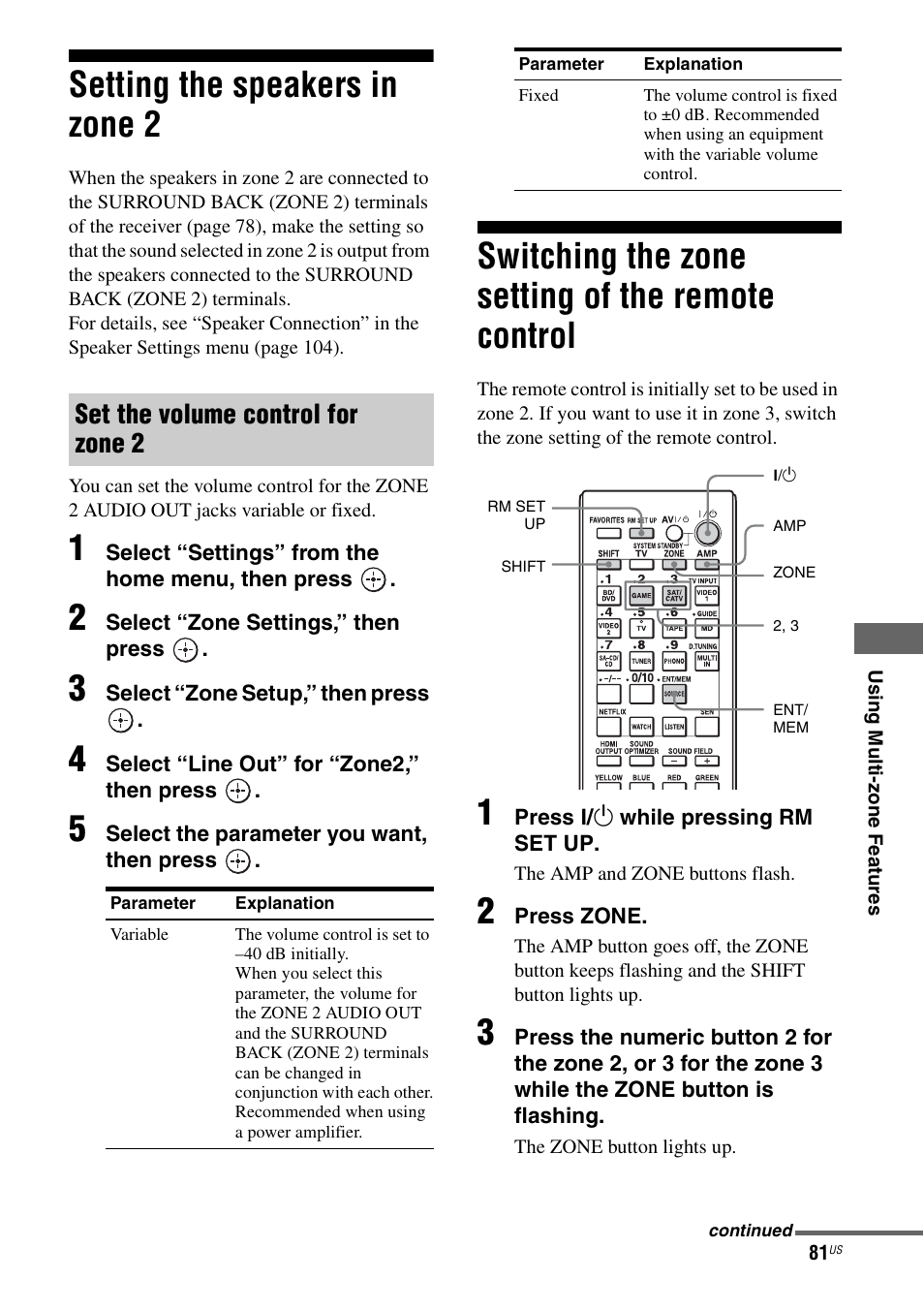 Setting the speakers in zone 2, Switching the zone setting of the remote control, Control | Set the volume control for zone 2 | Sony STR-DA5700ES User Manual | Page 81 / 155