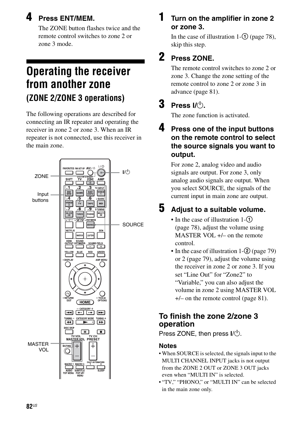 Operating the receiver from another zone, Zone 2/zone 3 operations) | Sony STR-DA5700ES User Manual | Page 82 / 155