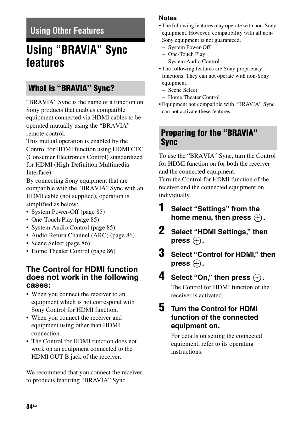 Using other features, Using “bravia” sync features | Sony STR-DA5700ES User Manual | Page 84 / 155