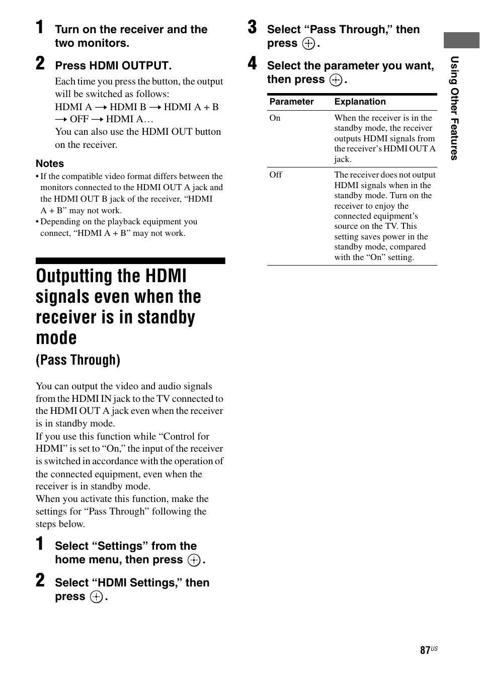 Outputting the hdmi signals even when the, Receiver is in standby mode (pass through), Pass through) | Sony STR-DA5700ES User Manual | Page 87 / 155