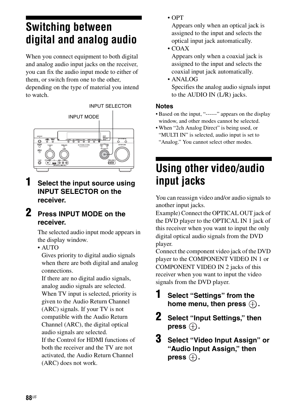 Switching between digital and analog audio, Using other video/audio input jacks, Switching between digital and analog | Audio | Sony STR-DA5700ES User Manual | Page 88 / 155