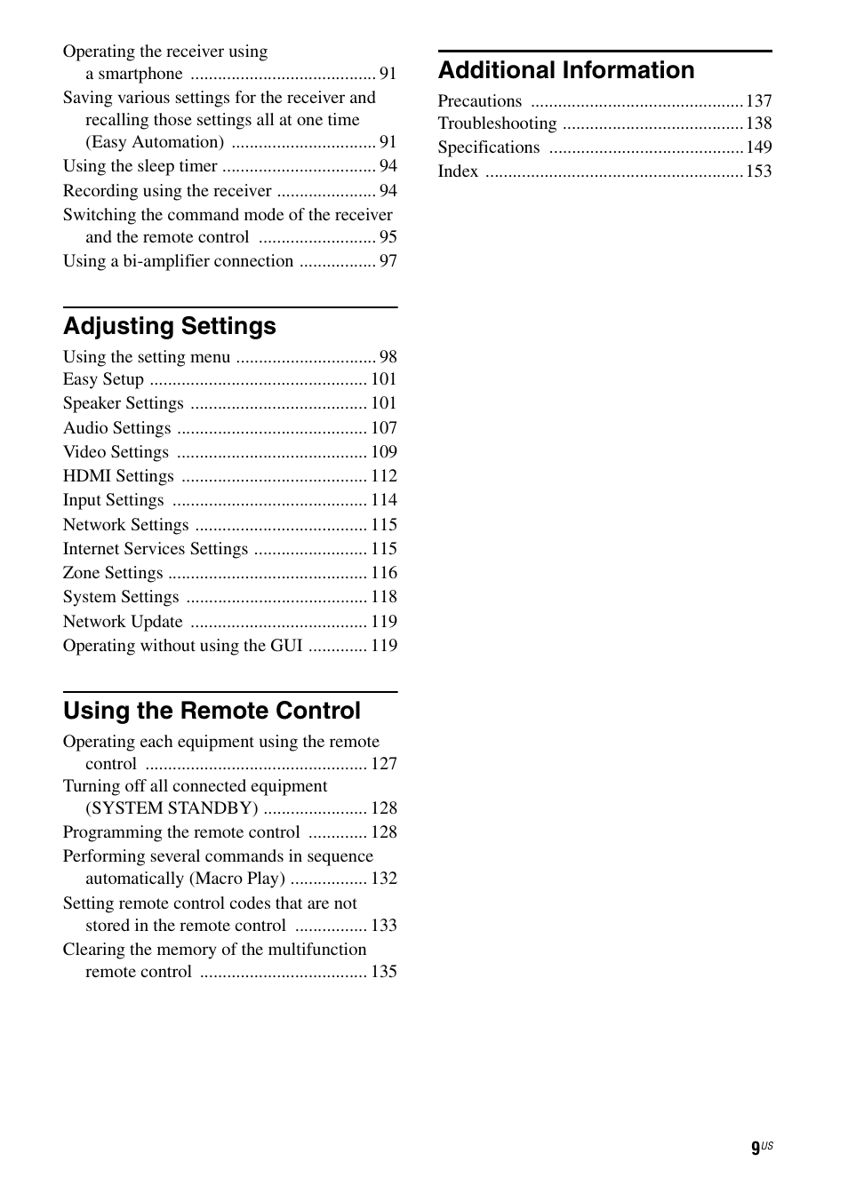 Adjusting settings, Using the remote control, Additional information | Sony STR-DA5700ES User Manual | Page 9 / 155