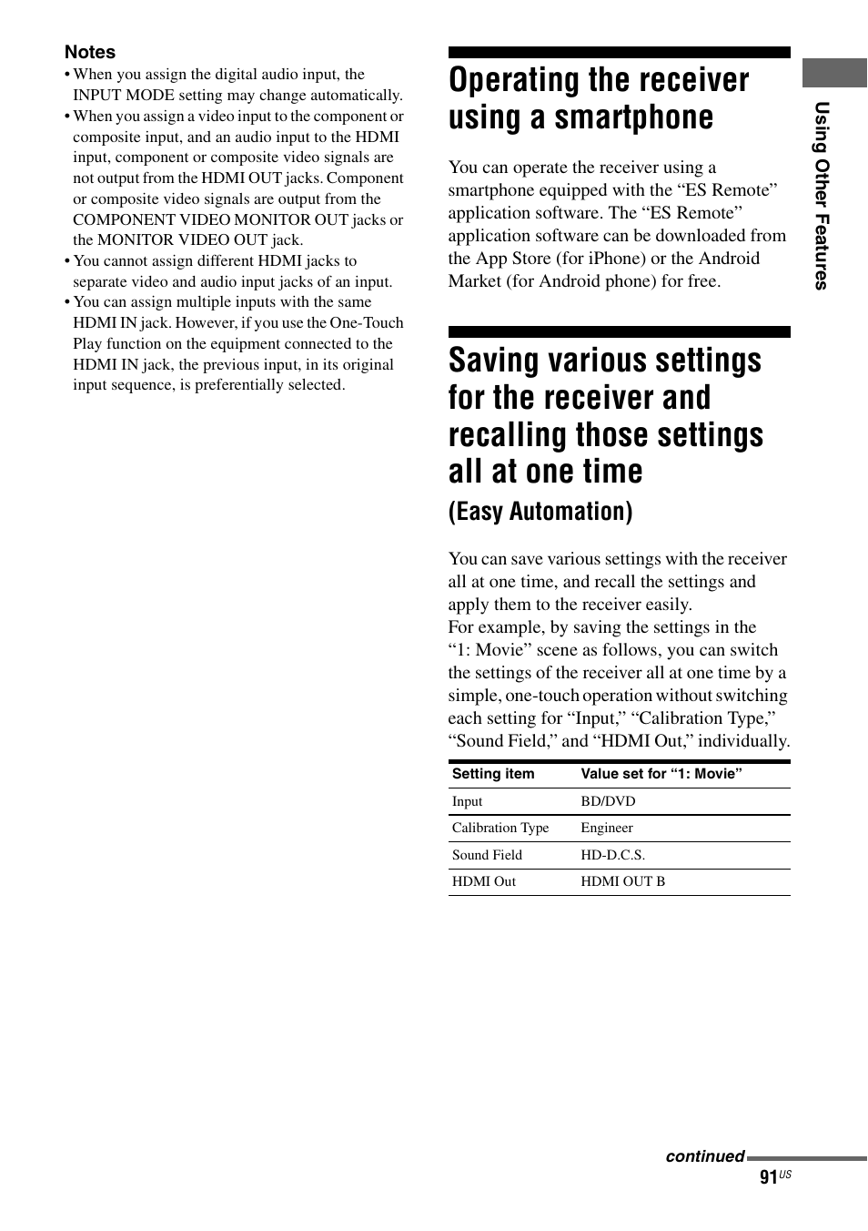 Operating the receiver using a smartphone, Operating the receiver using, A smartphone | Saving various settings for the receiver and, Easy automation) | Sony STR-DA5700ES User Manual | Page 91 / 155