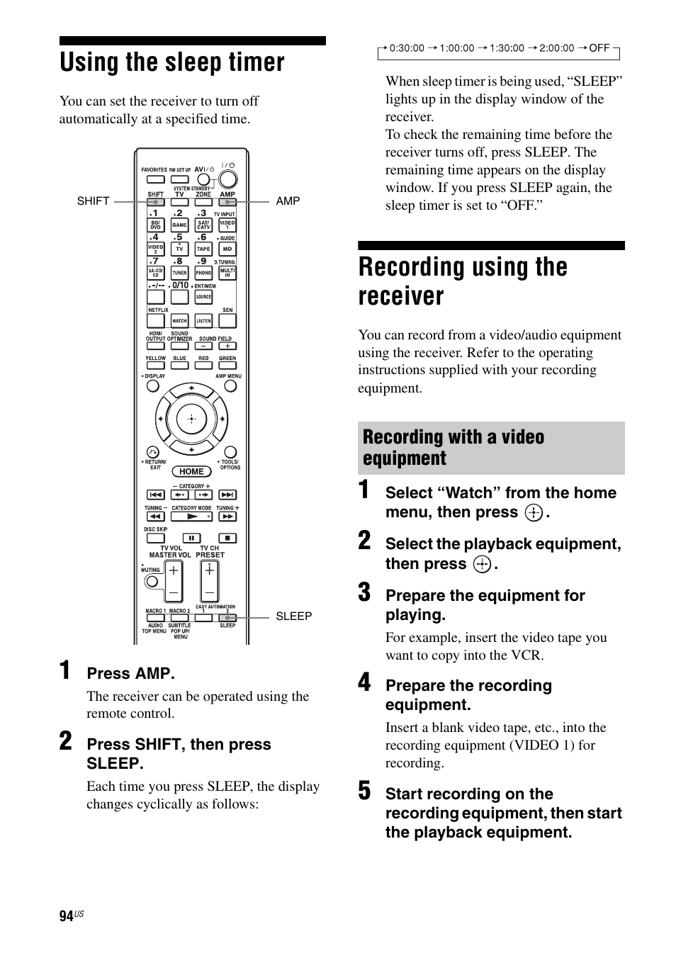 Using the sleep timer, Recording using the receiver, Using the sleep timer recording using the receiver | Sony STR-DA5700ES User Manual | Page 94 / 155