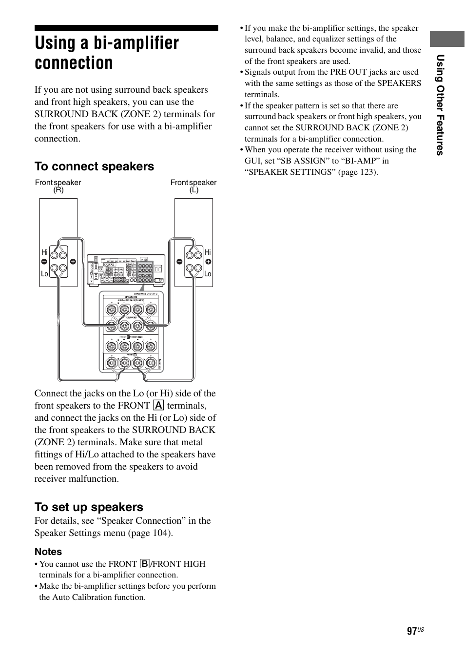 Using a bi-amplifier connection | Sony STR-DA5700ES User Manual | Page 97 / 155