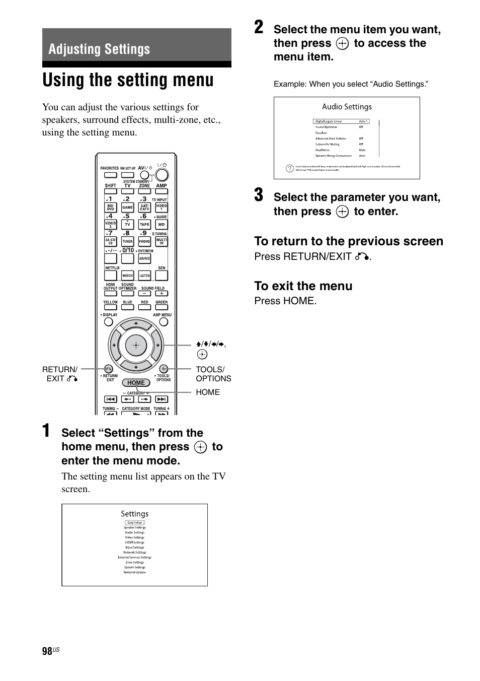 Adjusting settings, Using the setting menu | Sony STR-DA5700ES User Manual | Page 98 / 155