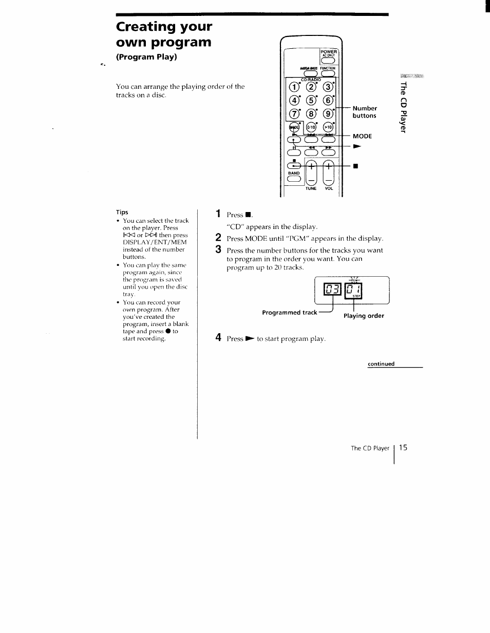 Creating your own program, Program play), Tips | Sony CFD-350 User Manual | Page 15 / 27