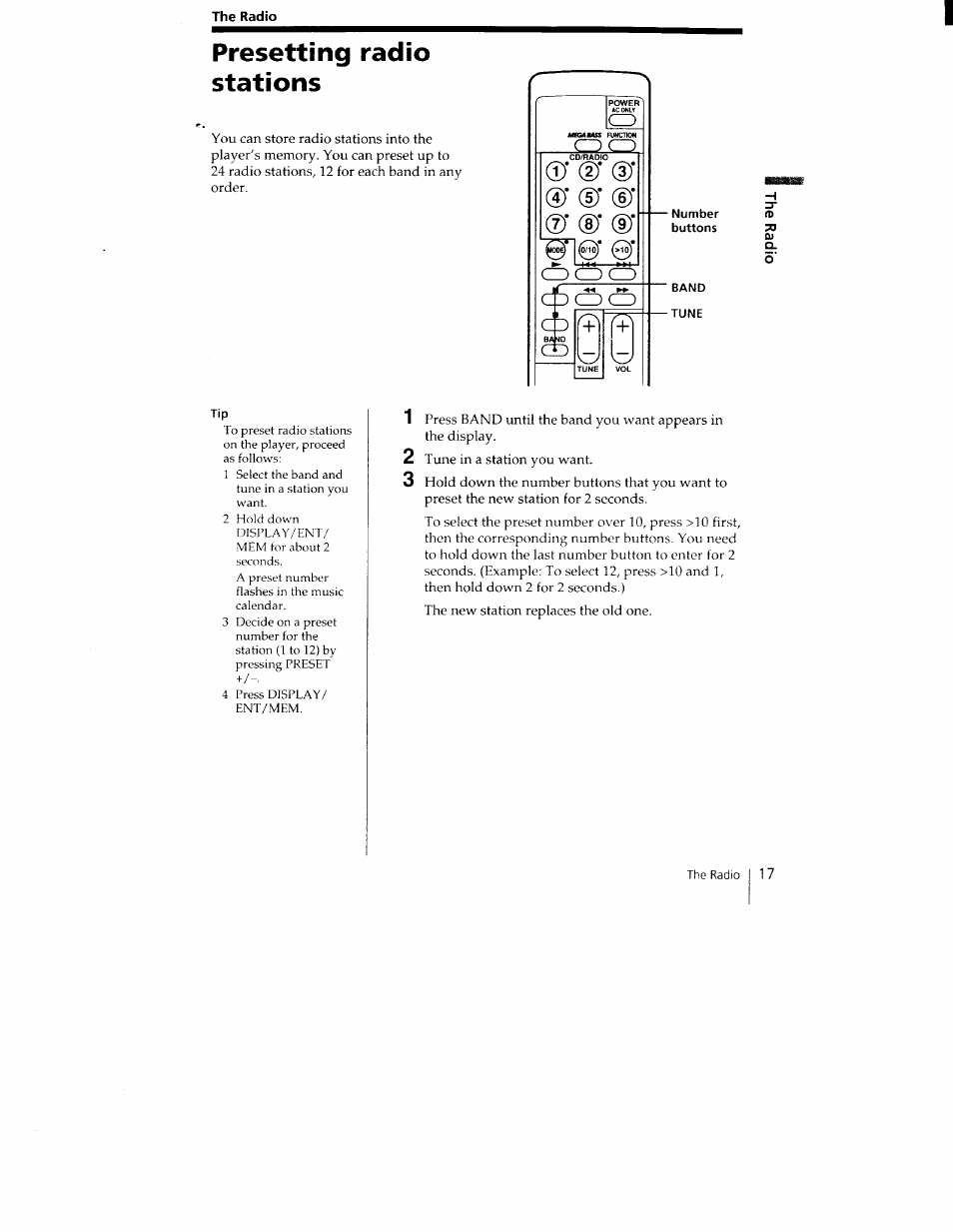 Presetting radio stations, Number buttons, Band | Tune, D* (d | Sony CFD-350 User Manual | Page 17 / 27