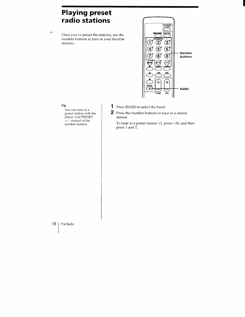Playing preset radio stations, Number, Band | D* (d* (d* (d | Sony CFD-350 User Manual | Page 18 / 27