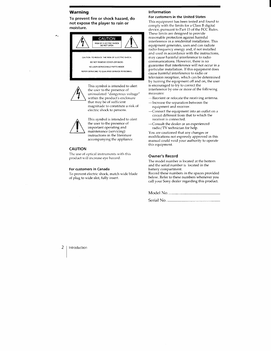 Warning, Caution, For customers in canada | Information, Owner's record, Model no. serial no | Sony CFD-350 User Manual | Page 2 / 27