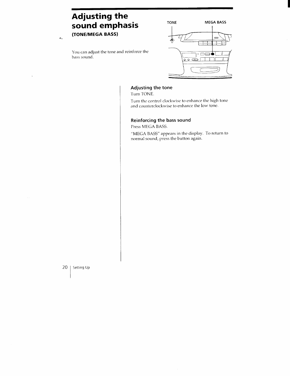 Adjusting the sound emphasis, Tone/mega bass), Adjusting the tone | Reinforcing the bass sound | Sony CFD-350 User Manual | Page 20 / 27