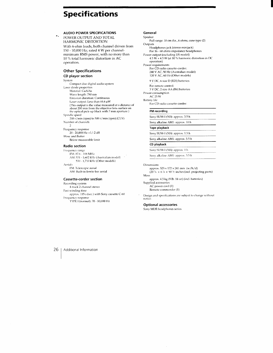 Specifications, Audio power specifications, Radio section | Cassette-corder section, General | Sony CFD-350 User Manual | Page 26 / 27