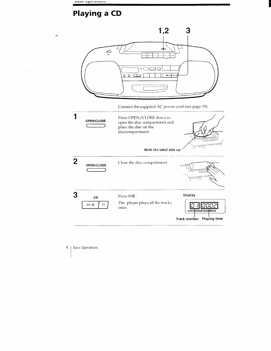 Playing a cd, Track number playing time, Playing a cd 1,2 | Sony CFD-350 User Manual | Page 4 / 27