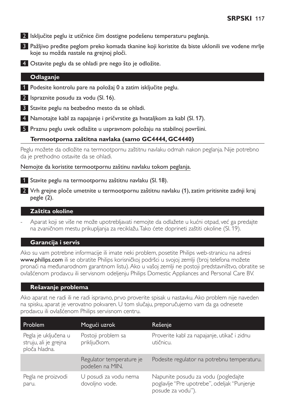 Odlaganje, Zaštita okoline, Garancija i servis | Rešavanje problema | Philips GC4444 User Manual | Page 117 / 132