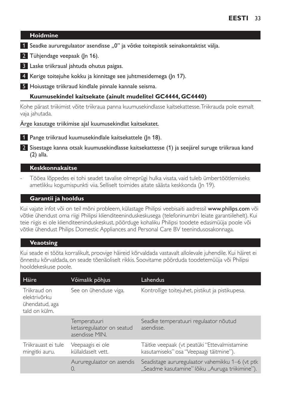 Keskkonnakaitse, Garantii ja hooldus, Veaotsing | Philips GC4444 User Manual | Page 33 / 132