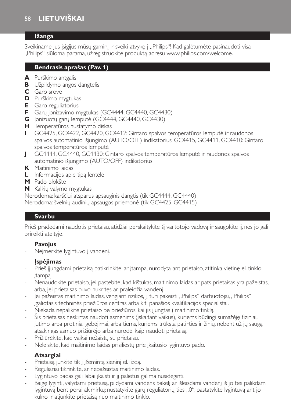 Pavojus, Įspėjimas, Atsargiai | Lietuviškai, Įžanga, Bendrasis aprašas (pav. 1), Svarbu | Philips GC4444 User Manual | Page 58 / 132