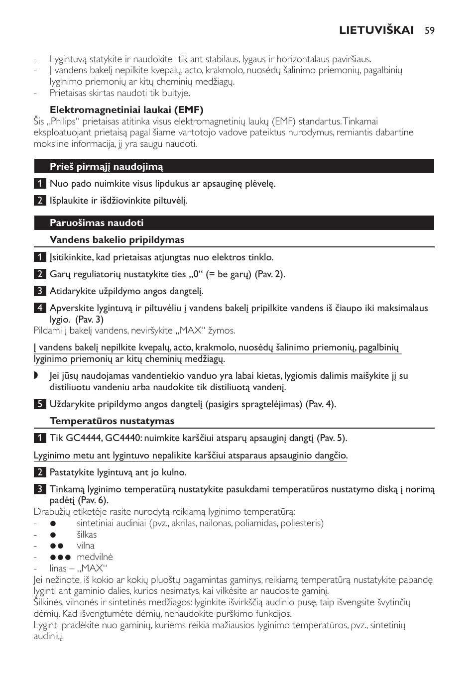 Elektromagnetiniai laukai (emf), Prieš pirmąjį naudojimą, Paruošimas naudoti | Vandens bakelio pripildymas, Temperatūros nustatymas | Philips GC4444 User Manual | Page 59 / 132