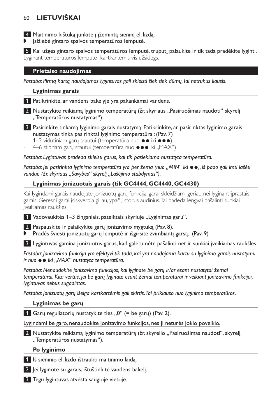 Prietaiso naudojimas, Lyginimas garais, Lyginimas be garų | Po lyginimo | Philips GC4444 User Manual | Page 60 / 132