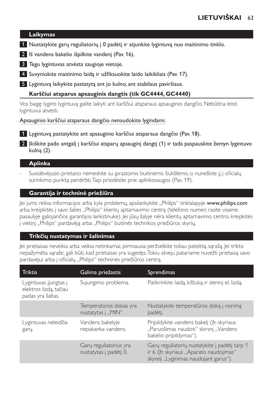 Laikymas, Aplinka, Garantija ir techninė priežiūra | Trikčių nustatymas ir šalinimas | Philips GC4444 User Manual | Page 63 / 132