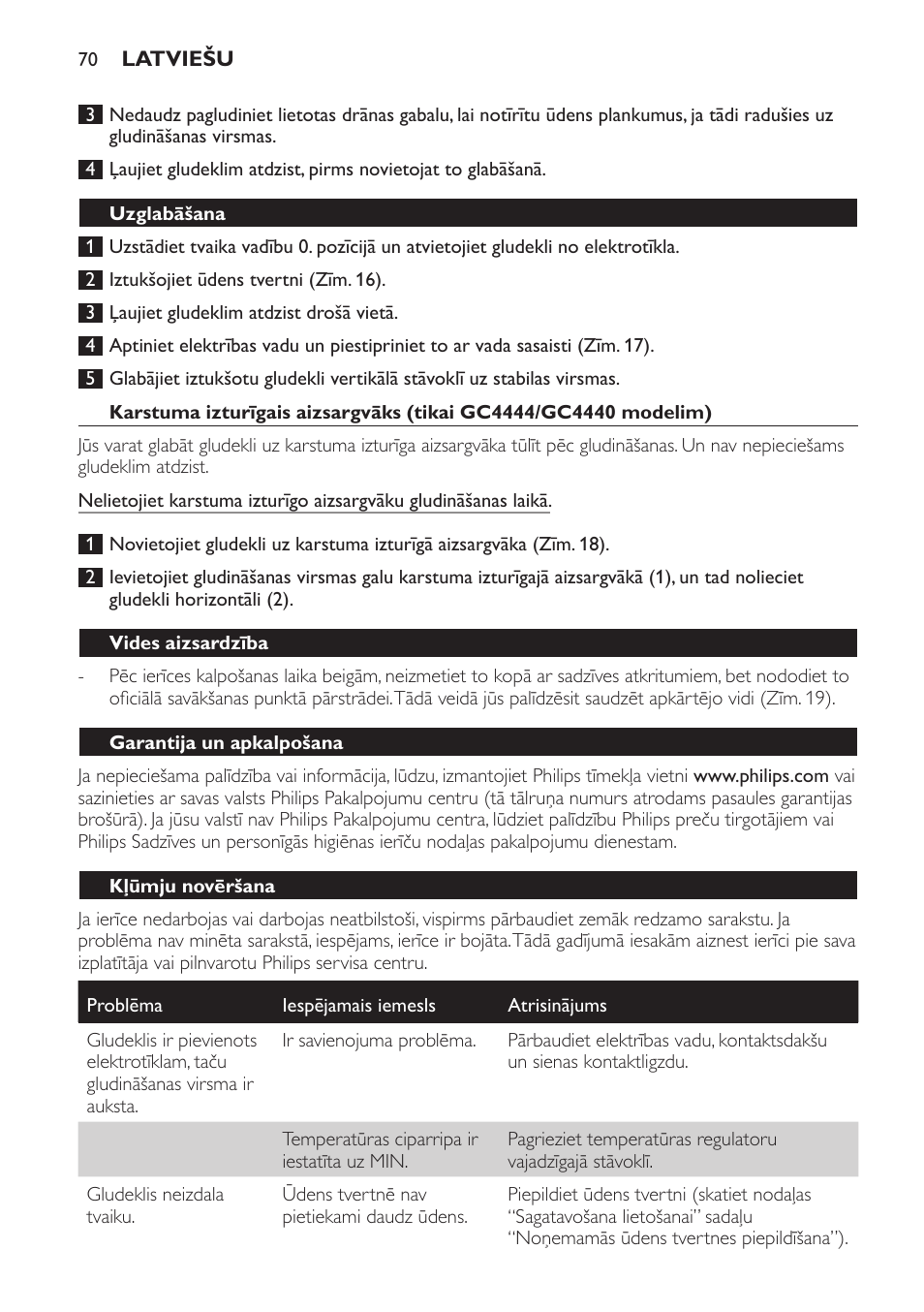 Uzglabāšana, Vides aizsardzība, Garantija un apkalpošana | Kļūmju novēršana | Philips GC4444 User Manual | Page 70 / 132