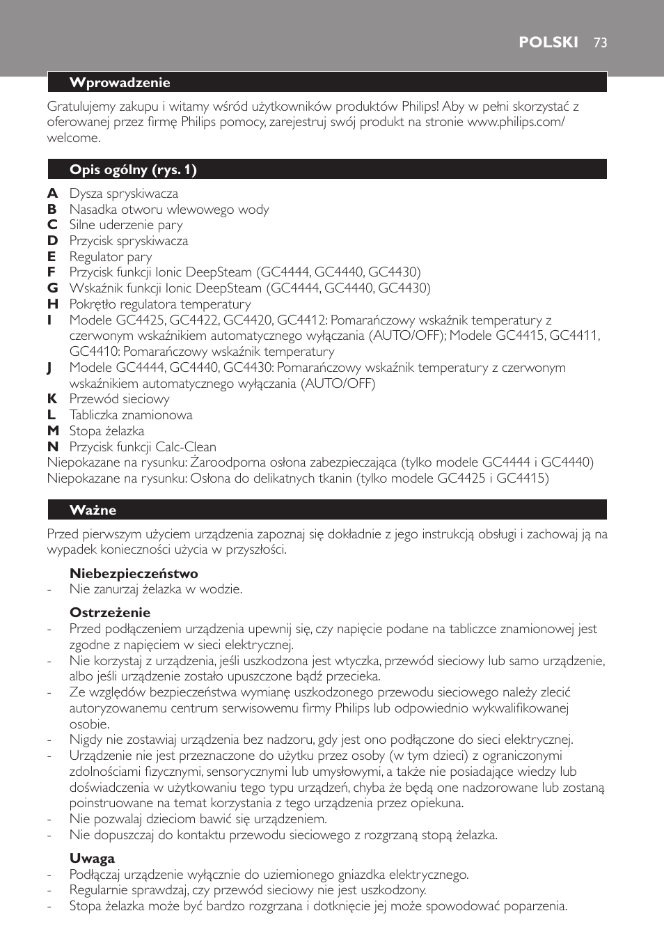 Niebezpieczeństwo, Ostrzeżenie, Uwaga | Polski, Wprowadzenie, Opis ogólny (rys. 1), Ważne | Philips GC4444 User Manual | Page 73 / 132