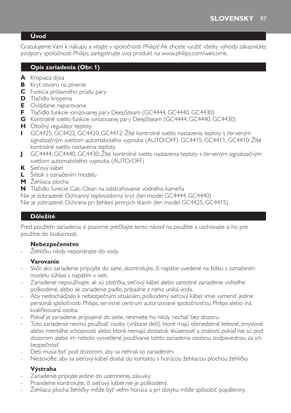 Nebezpečenstvo, Varovanie, Výstraha | Slovensky, Úvod, Opis zariadenia (obr. 1), Dôležité | Philips GC4444 User Manual | Page 97 / 132
