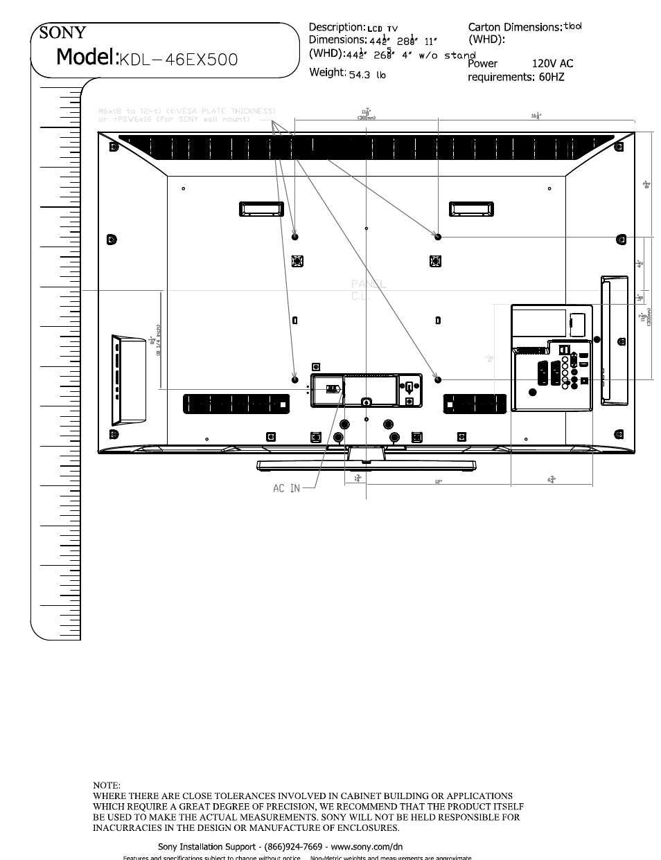 Power, Weight: 54,3 ib, Model | Sony KDL-46EX500 User Manual | Page 2 / 3