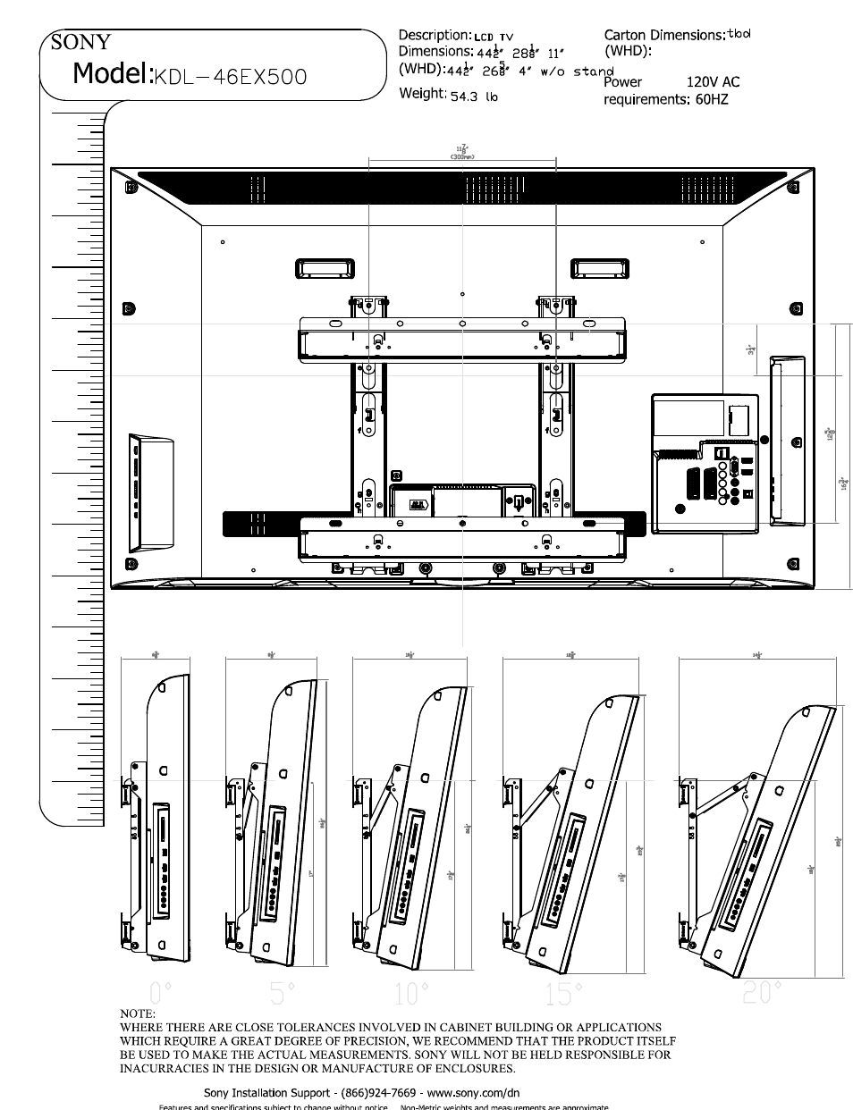 Model :kdl-46ex500, Power, Weight: 54,3 ib | Model, Whd):44è' e6ì' 4' w/o stand | Sony KDL-46EX500 User Manual | Page 3 / 3