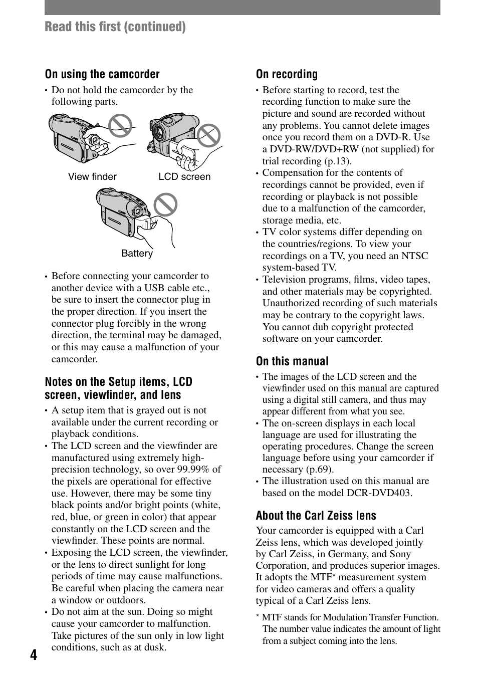 Read this ﬁrst (continued) | Sony DCR-DVD203 User Manual | Page 4 / 119