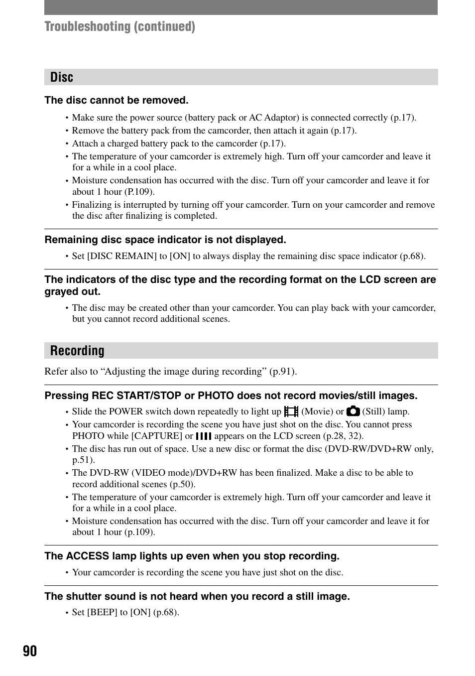 Troubleshooting (continued) disc, Recording | Sony DCR-DVD203 User Manual | Page 90 / 119