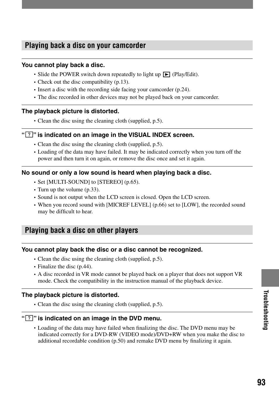Playing back a disc on your camcorder, Playing back a disc on other players | Sony DCR-DVD203 User Manual | Page 93 / 119
