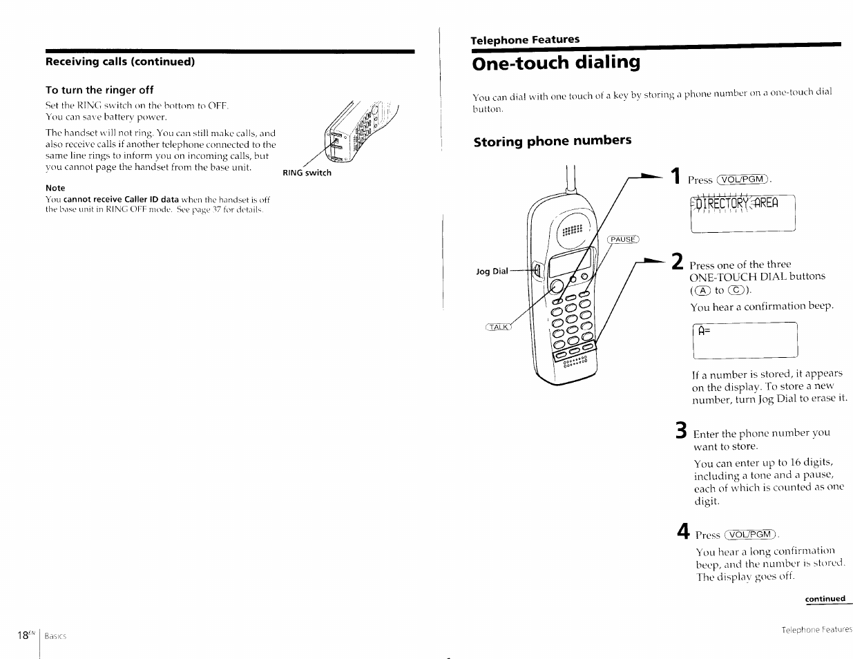One-touch dialing, Storing phone numbers | Sony SPP-A967 User Manual | Page 10 / 26