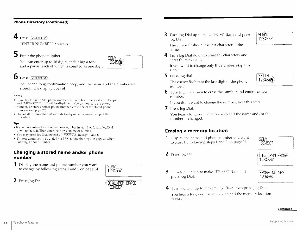 Changing a stored name and/or phone number, Sony, Pgm erase t234^67 | Erasing a memory location, Dial pgm erase 123^67, Erase no yes 1234567 | Sony SPP-A967 User Manual | Page 12 / 26